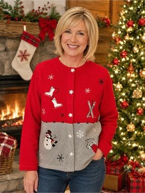 C&B Sport (Croft & Barrow) Woman's Red Christmas Novelty Fleece Jacket Size L